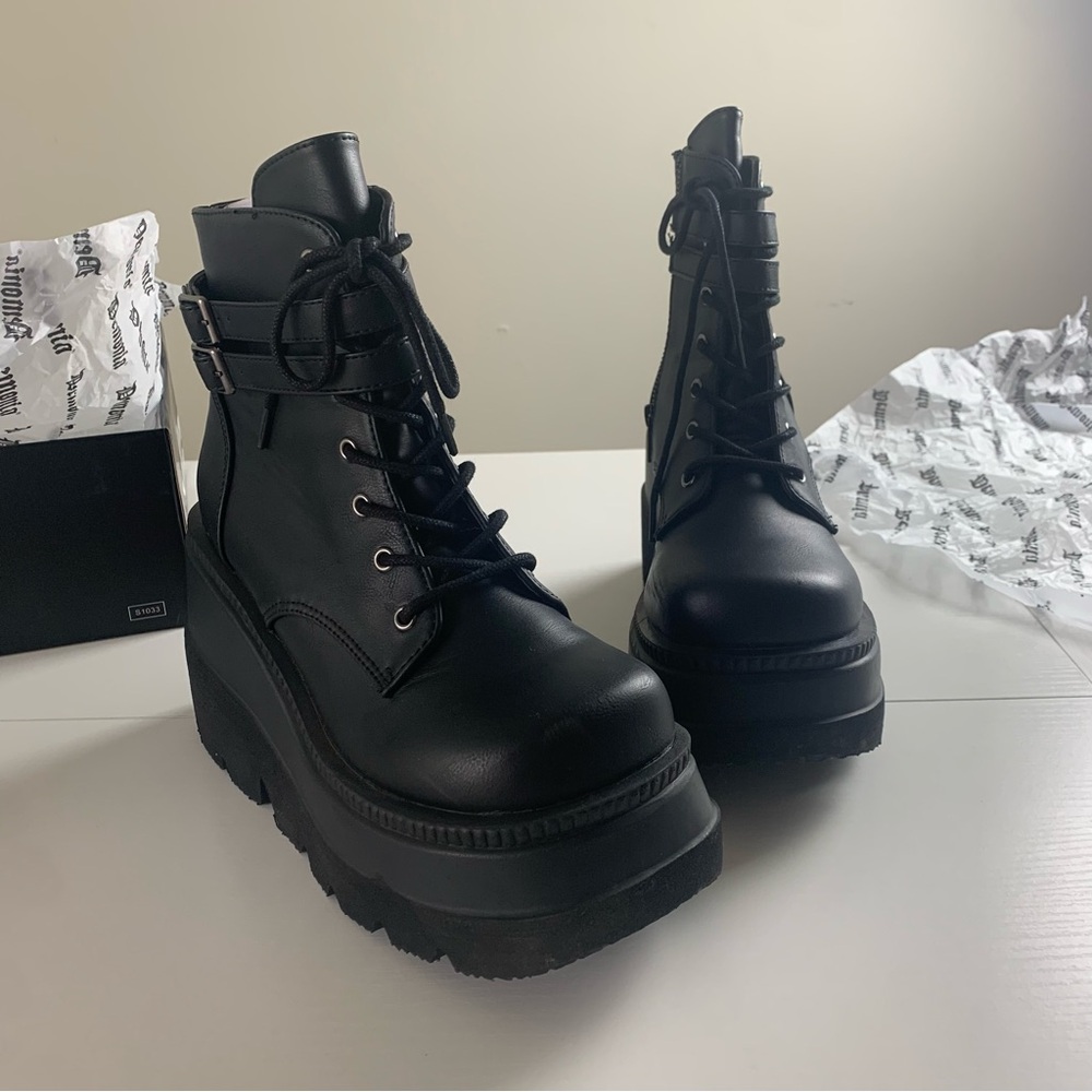 Demonia Shaker-52 Black Vegan Leather Platform Ankle Boots
